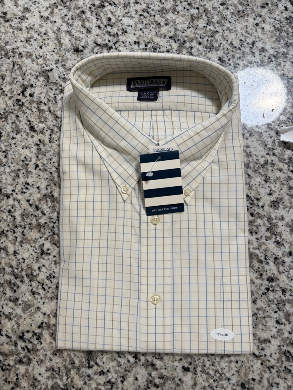Lands' End Men's Cream Shirt with Blue and Tan Windowpane Plaid